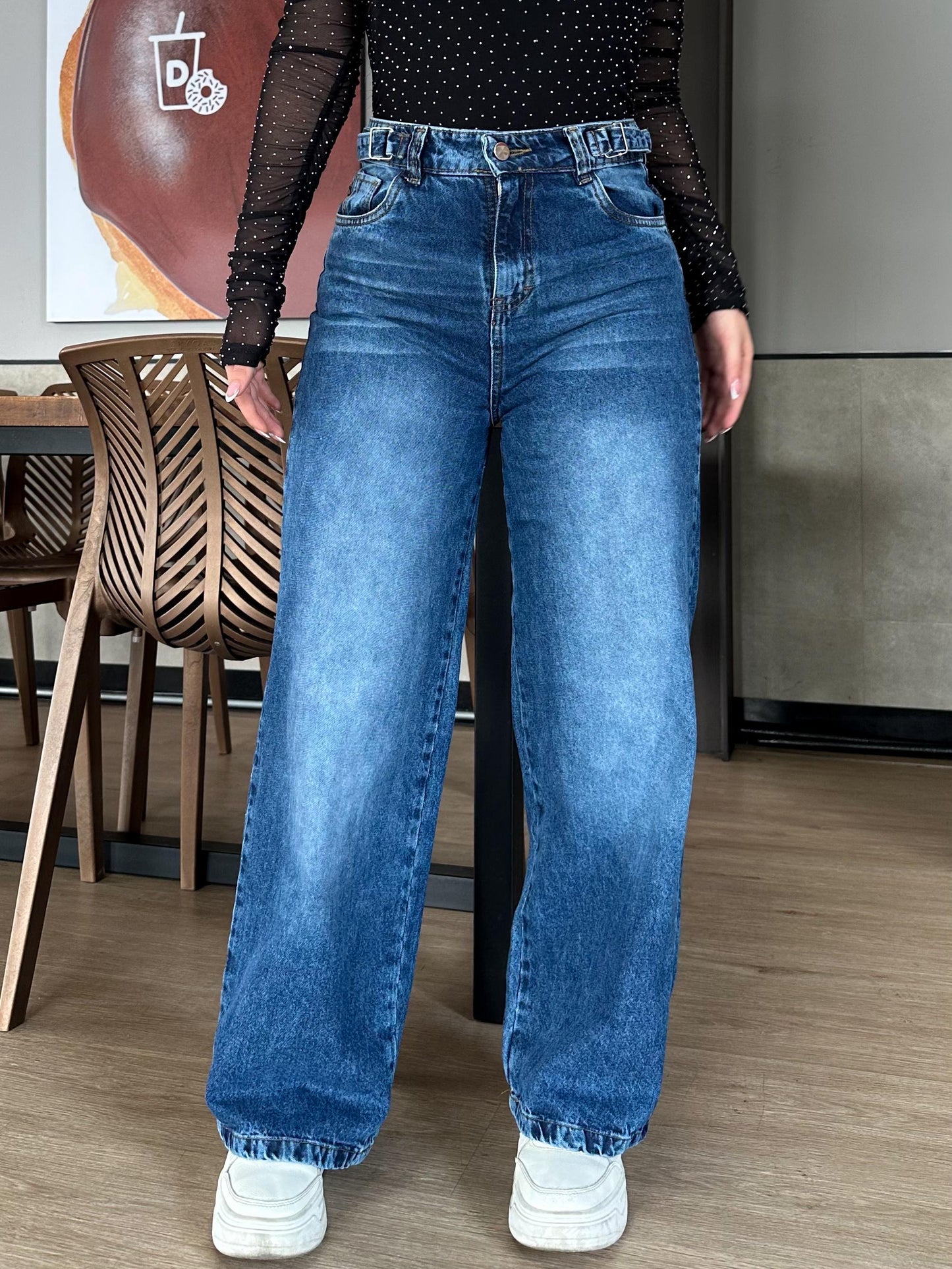 Jean wide leg mujer ajuste cintura azul medio