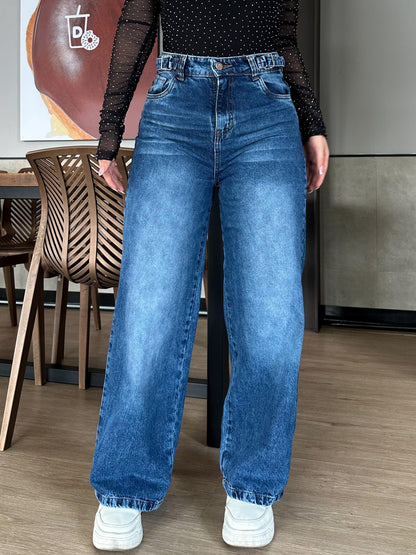 Jean wide leg mujer ajuste cintura azul medio