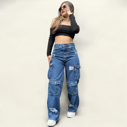 Jean cargo ovalado mujer tono azul clásico