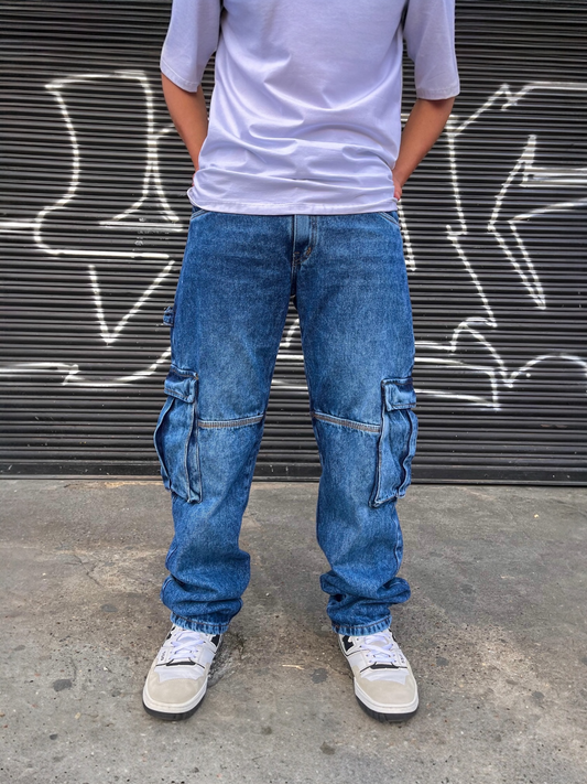 Jean cargo hombre azul medio