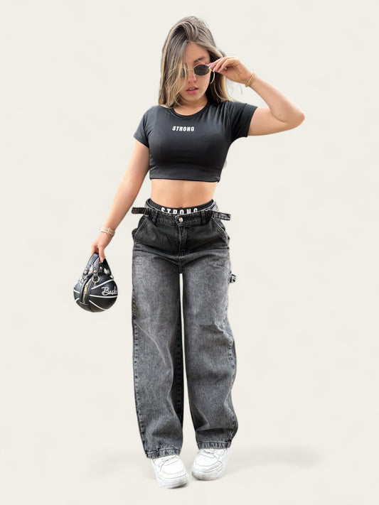 Jean baggy con ajuste de cintura tono gris