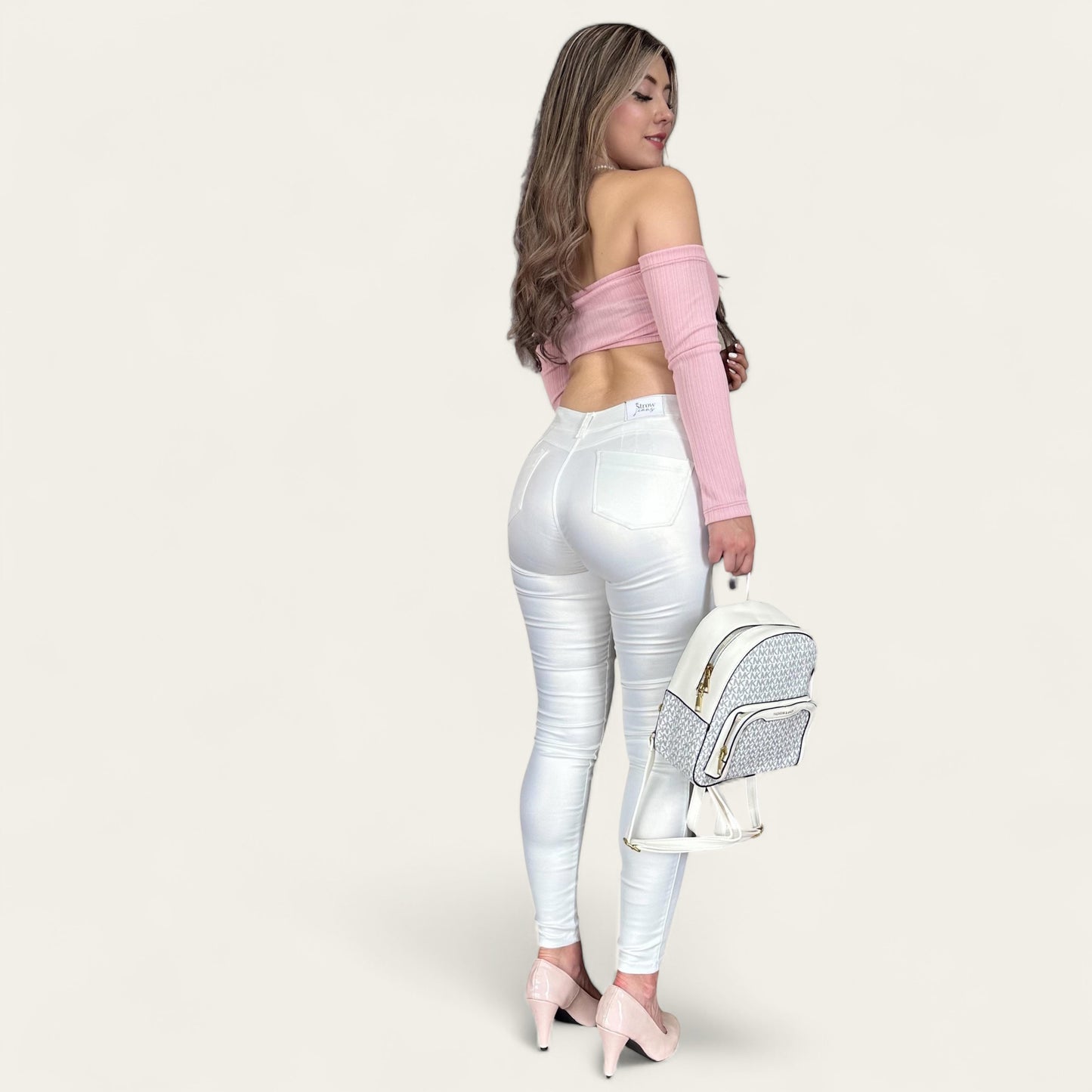 Pantalón skinny Mujer efecto cuero tiro alto tono blanco tornasol