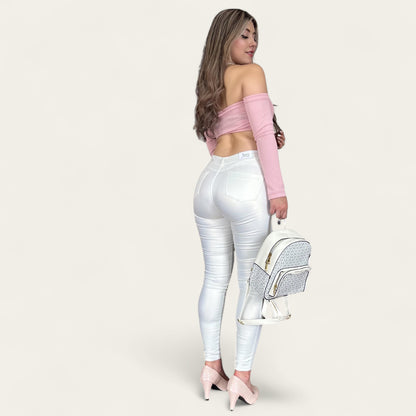 Pantalón skinny Mujer efecto cuero tiro alto tono blanco tornasol