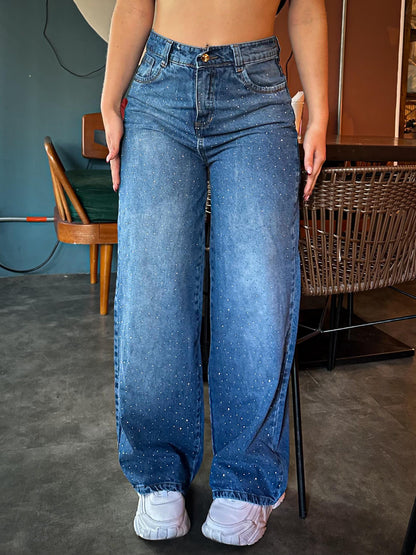 Jean wide leg azul todo brillos