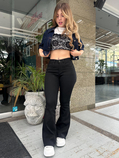 Jean Flare Mujer tiro alto levanta cola tono azul tono negro