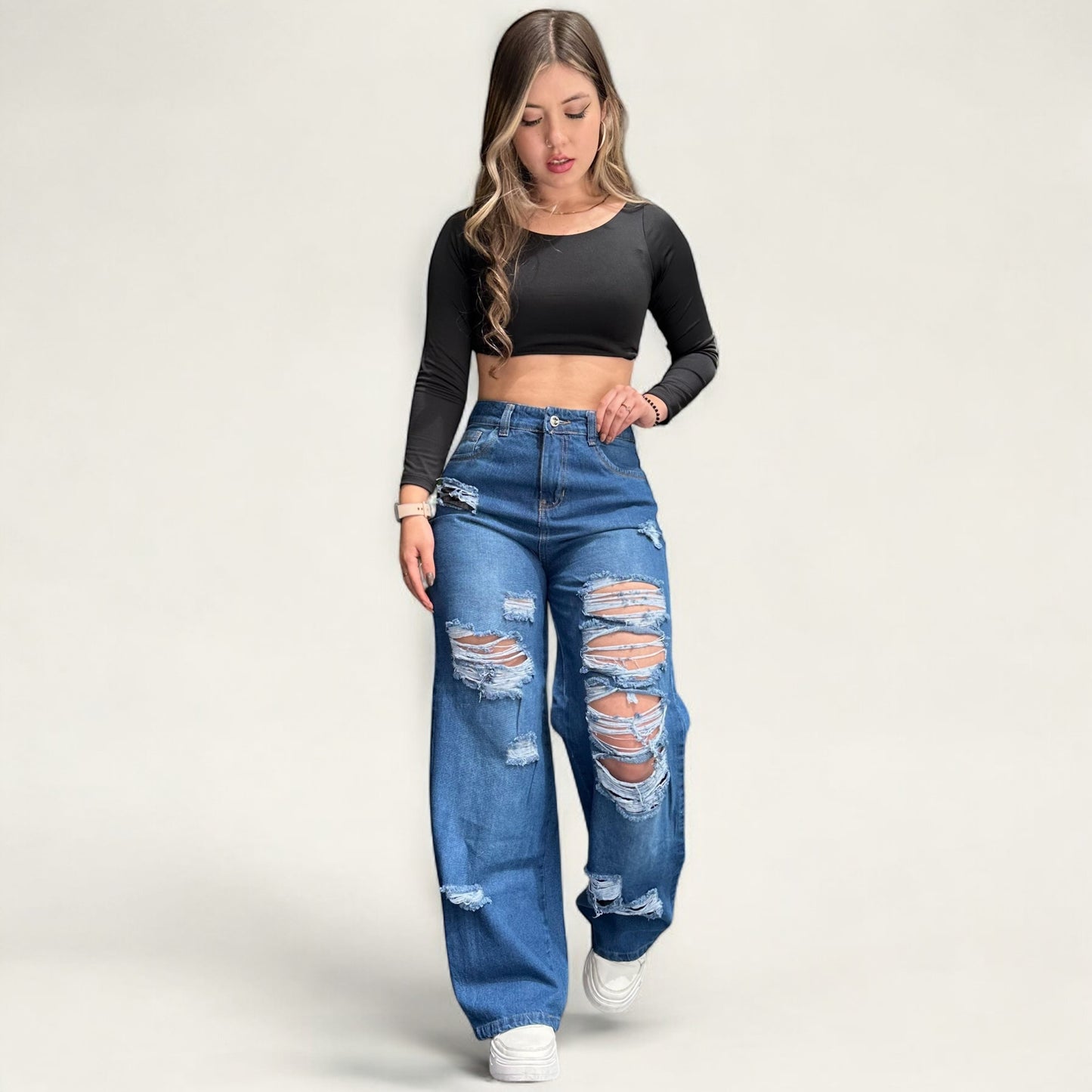 Jean wide leg mujer azul con rotos