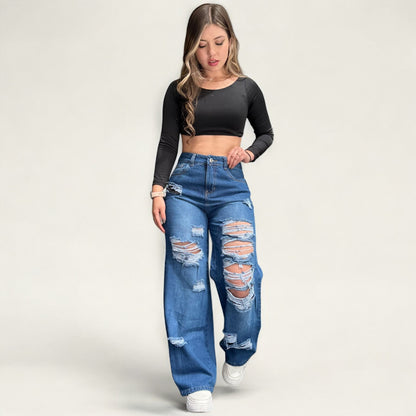 Jean wide leg mujer azul con rotos