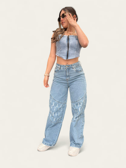 Jean wide leg tono azul claro
