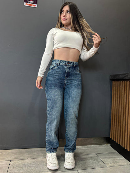 Jean Boyfriend europeo tono azul verdoso