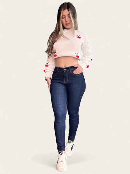 Jean skinny tiro alto levanta cola tono azul oscuro