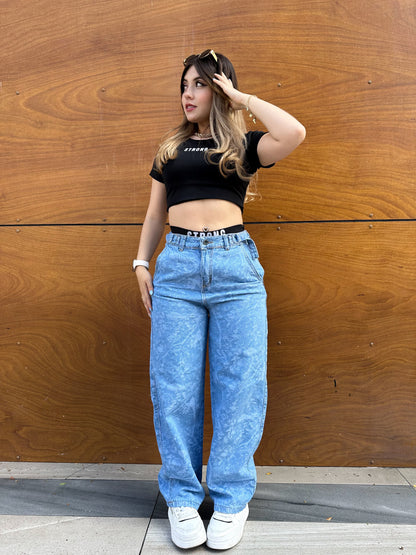 Jean baggy mujer estampado tono azul claro