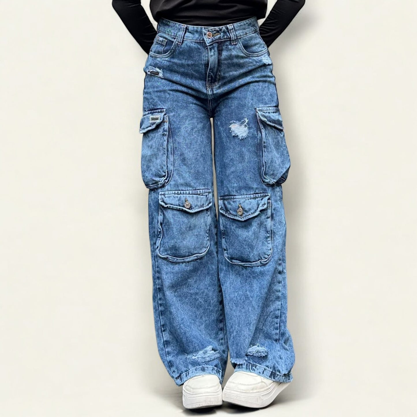 Jean cargo ovalado mujer tono azul fros