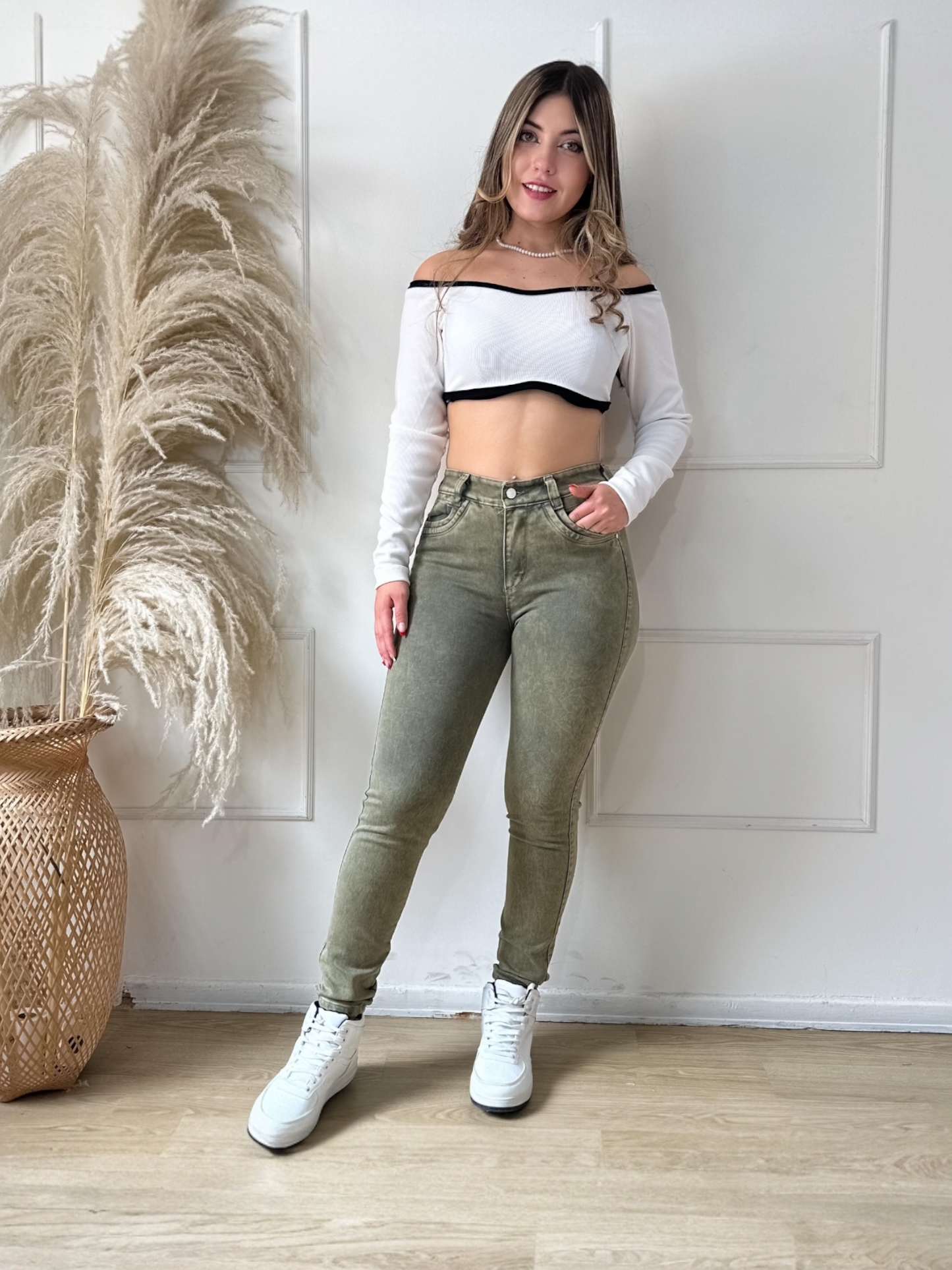 Jean Skinny Mujer tiro alto Tono verde