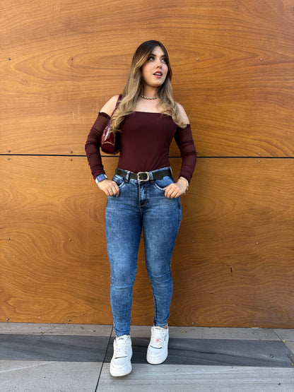 Jean skinny mujer tiro alto levanta cola azul medio
