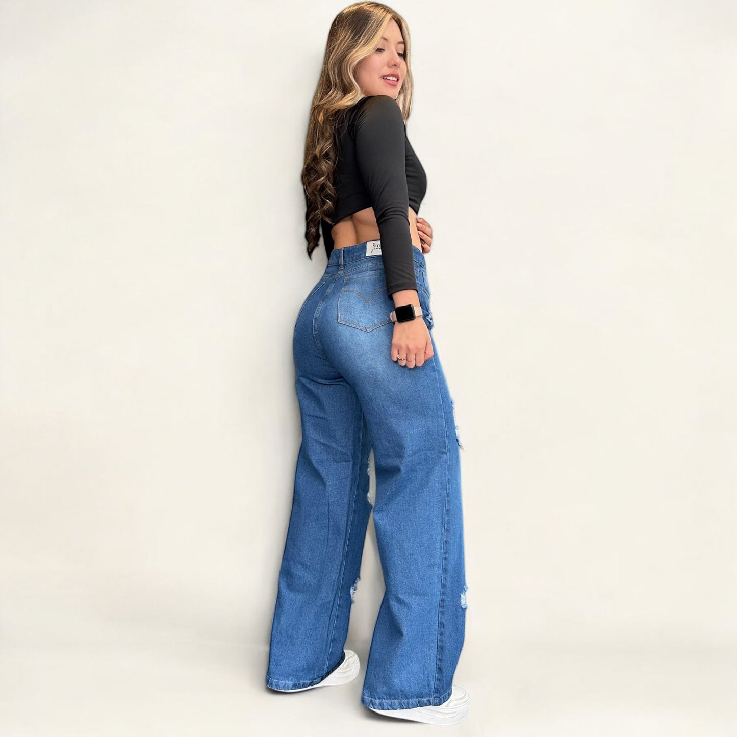 Jean wide leg mujer azul con rotos
