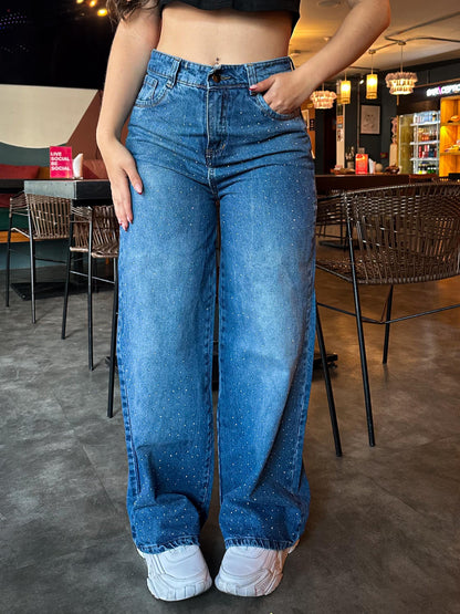 Jean wide leg azul todo brillos