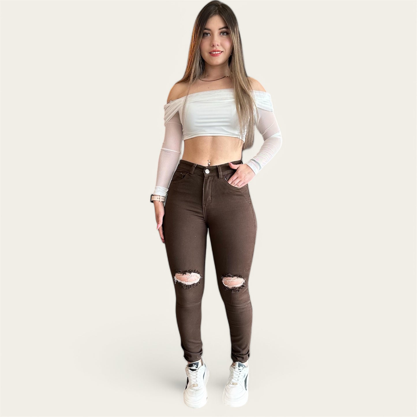 Jean Skinny Mujer tiro alto tono Mocca