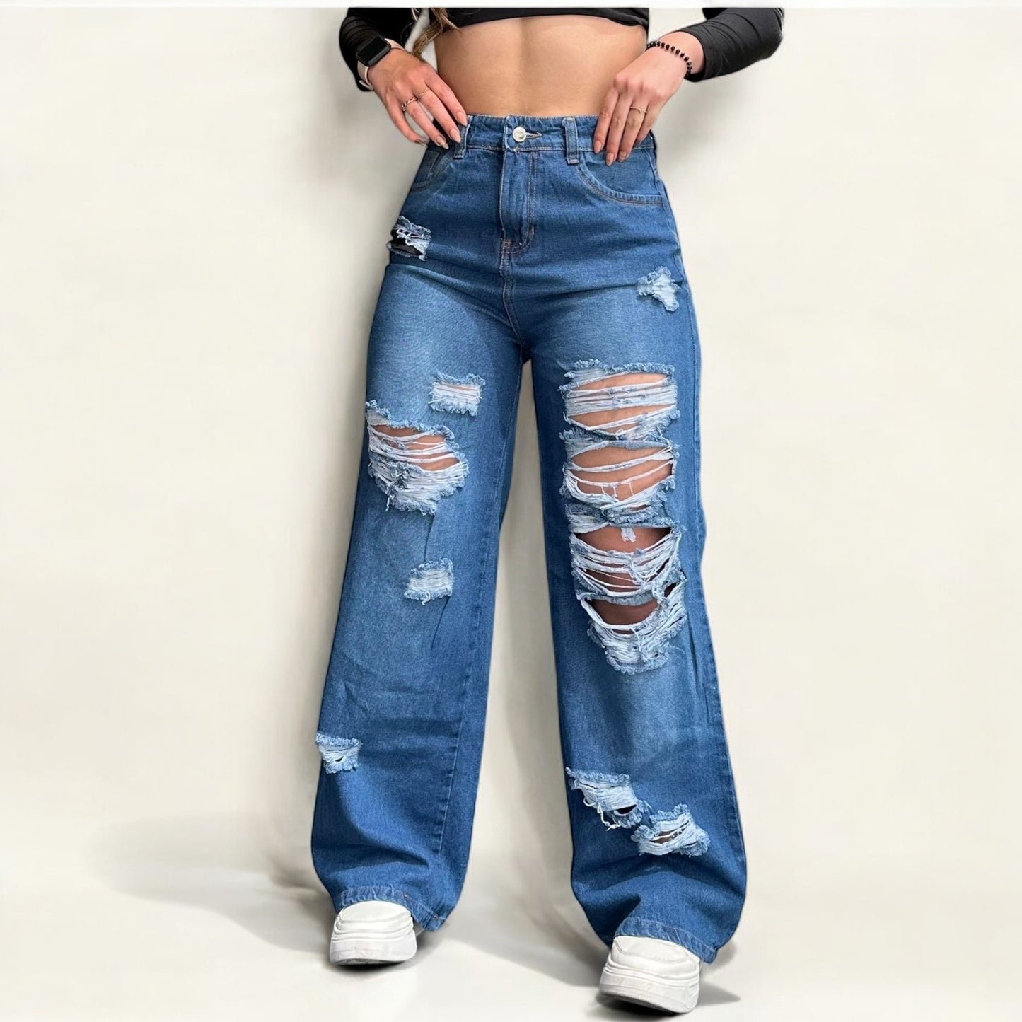 Jean wide leg mujer azul con rotos