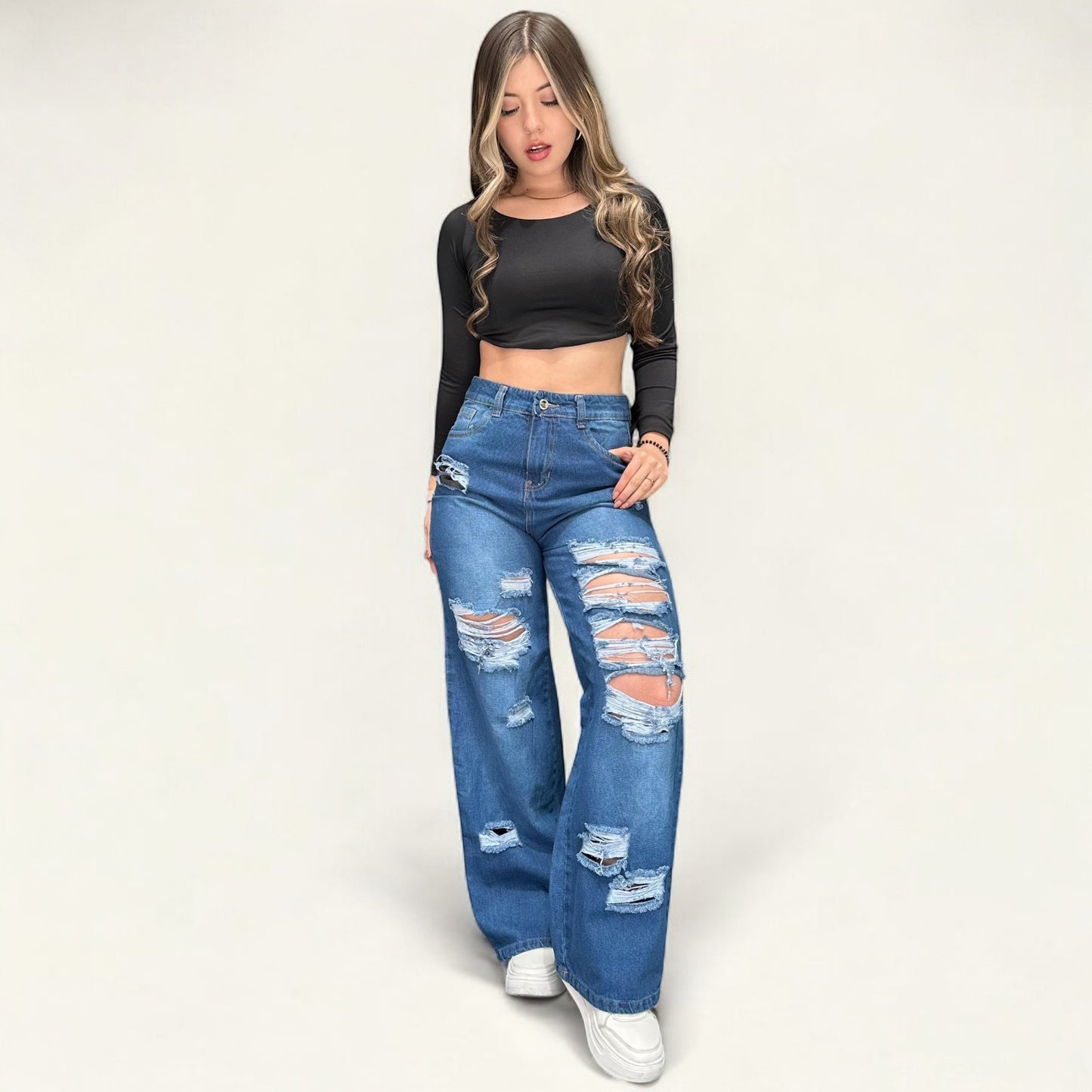 Jean wide leg mujer azul con rotos