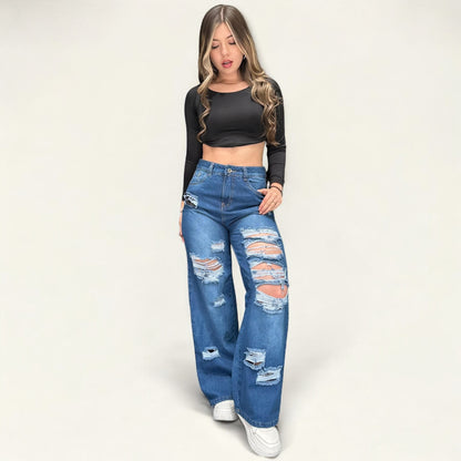 Jean wide leg mujer azul con rotos