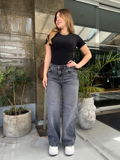 Jean wide leg mujer ajuste cintura tono gris