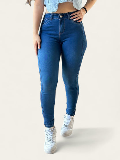Jean skinny tiro alto mujer strech levanta cola tono azul medio