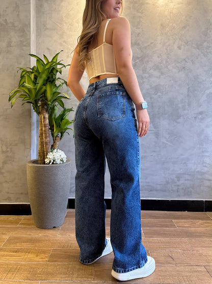 Jean wide leg mujer tela bordada diseño líneas azul medio
