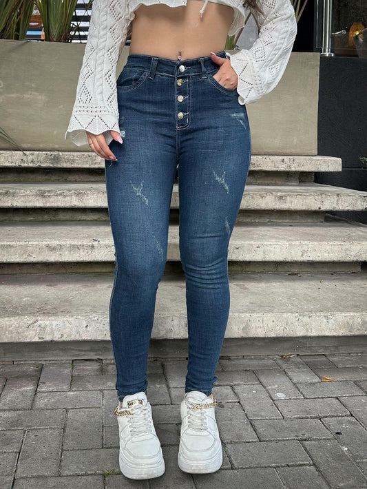 Jean skinny mujer tiro alto levanta cola tono azul oscuro