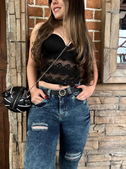 Jean skinny mujer tiro alto levanta cola tono azul con rotos