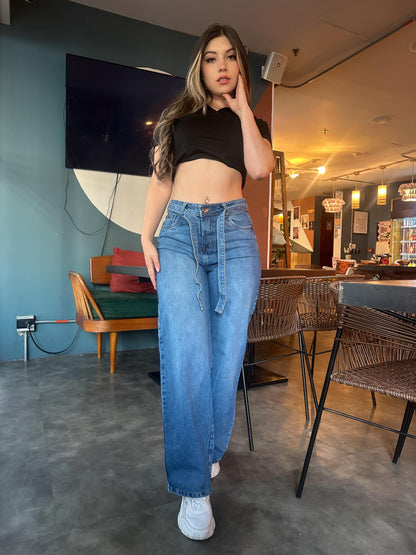 Jean Wide Leg mujer tono azul medio clasico con Correa