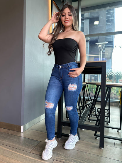 Jean skinny mujer tiro alto levanta cola tono azul oscuro con rotos