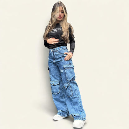 Jean cargo ovalado mujer tono azul fros