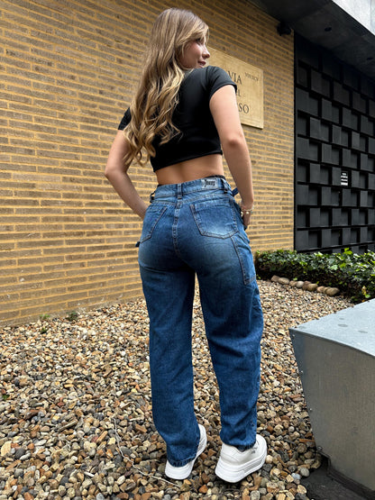 Jean baggy con ajuste de cintura tono azul