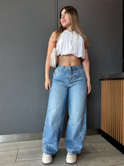 Jean wide leg mujer tela bordada