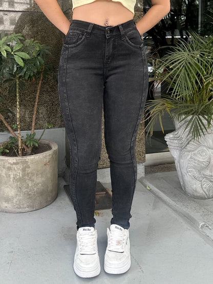 Jean skinny mujer tiro alto levanta cola gris doble costura