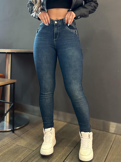 Jean skinny mujer tiro alto levanta cola tono azul verdoso