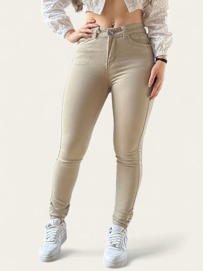 Jean skinny mujer tiro alto stretch y levanta cola beige