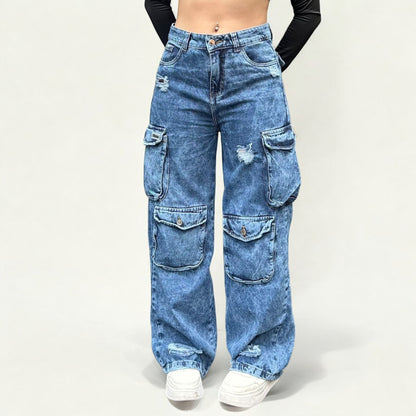 Jean cargo ovalado mujer tono azul fros