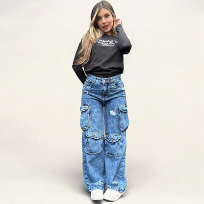 Jean cargo ovalado mujer tono azul fros