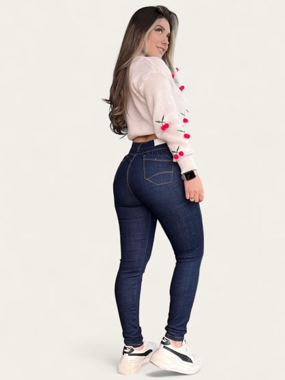 Jean skinny tiro alto levanta cola tono azul oscuro