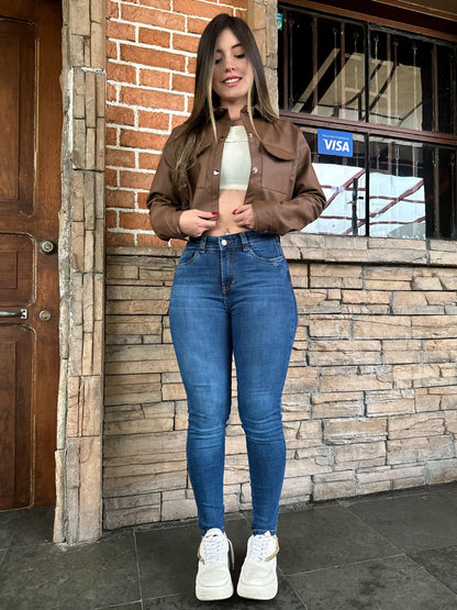 Jean skinny mujer tiro alto levanta cola azul clásico