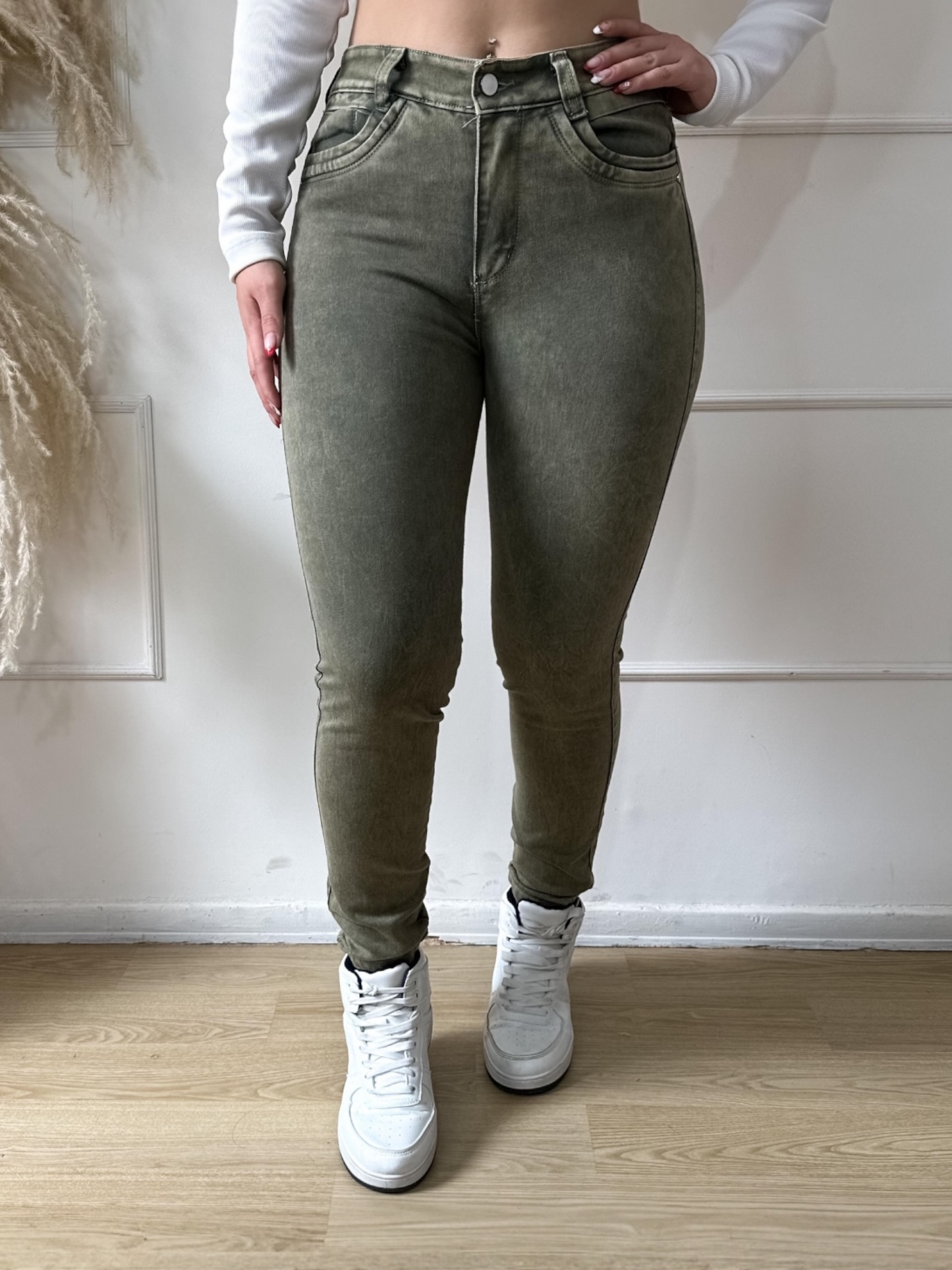Jean Skinny Mujer tiro alto Tono verde