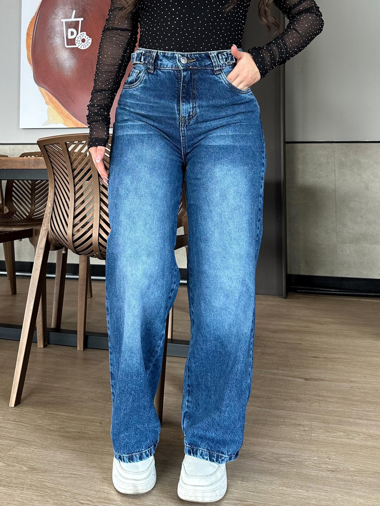 Jean wide leg mujer ajuste cintura azul medio