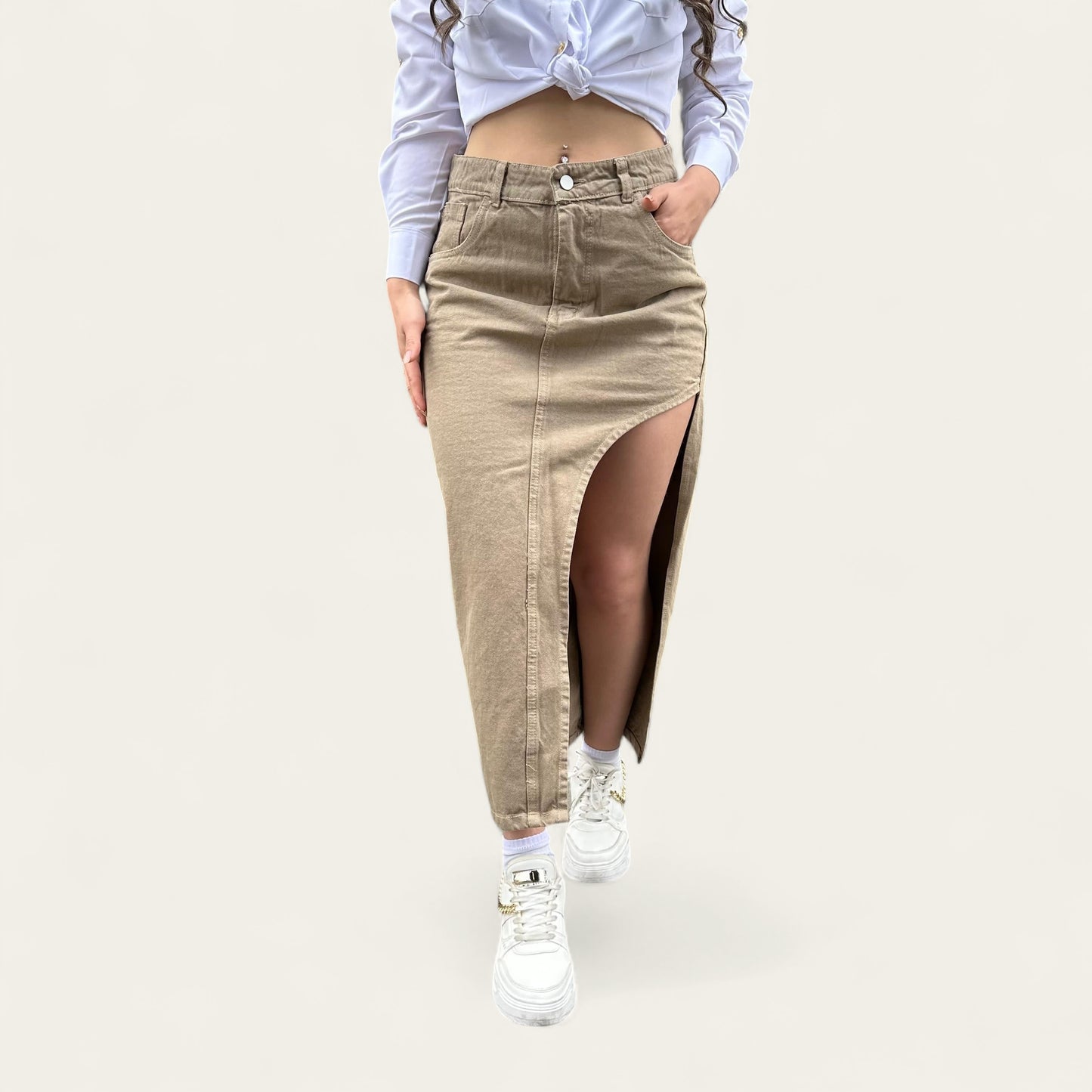 Falda Larga en Jean para Mujer color Beige