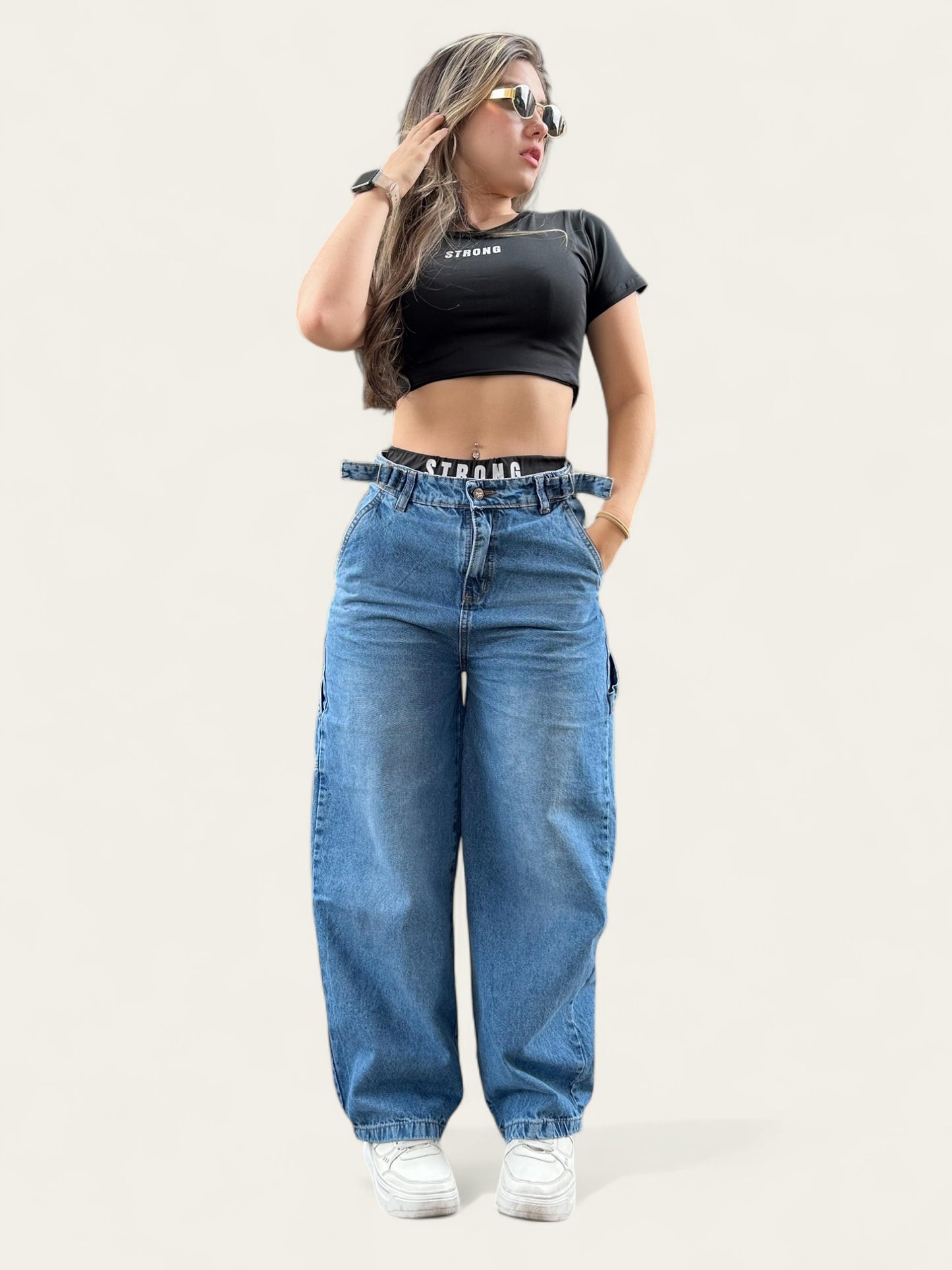 Jean baggy con ajuste de cintura tono azul