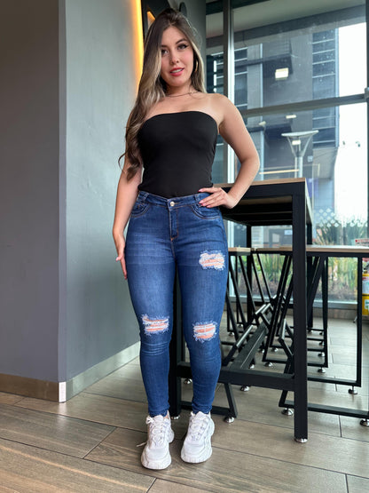 Jean skinny mujer tiro alto levanta cola tono azul oscuro con rotos