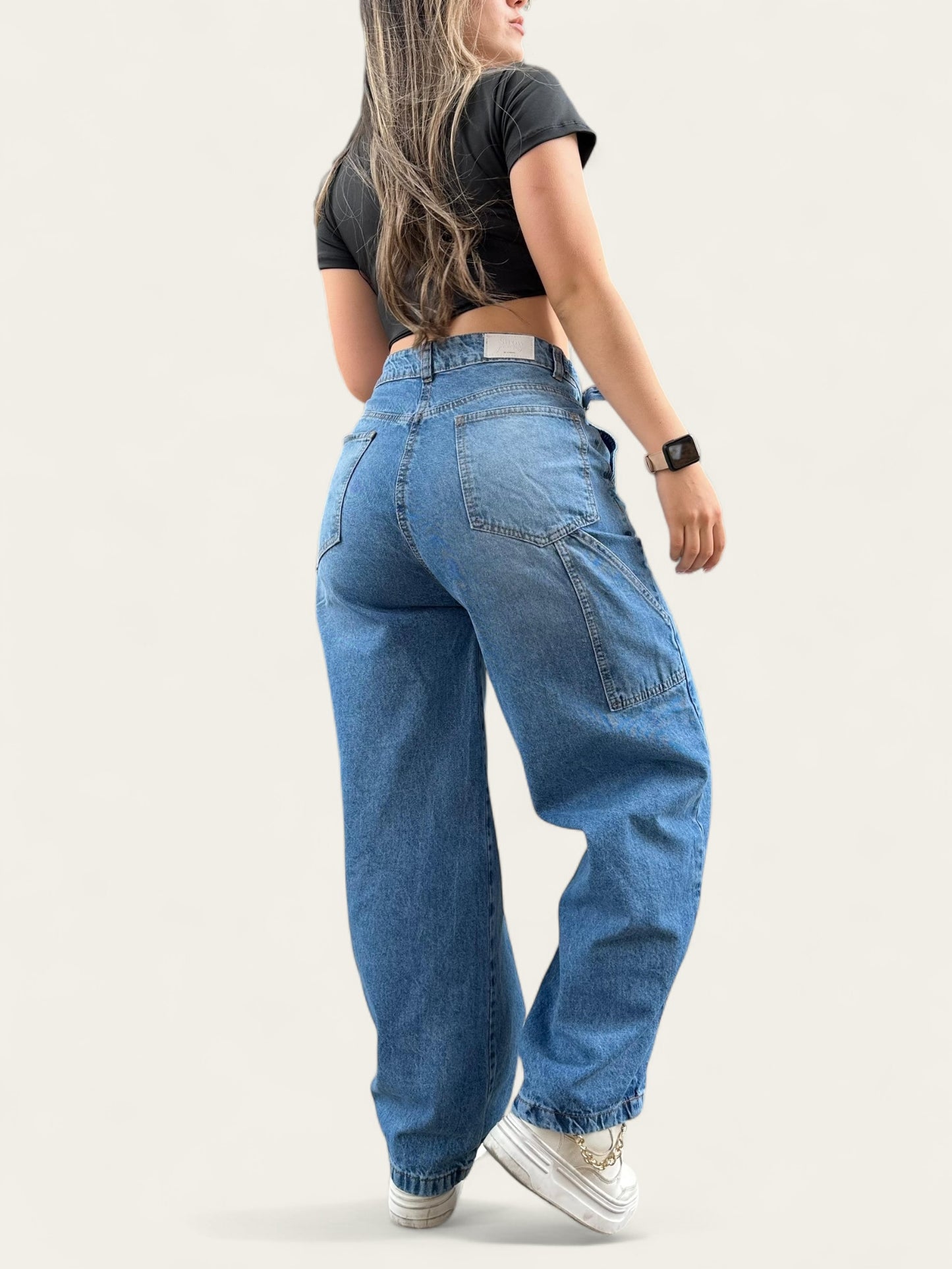 Jean baggy con ajuste de cintura tono azul