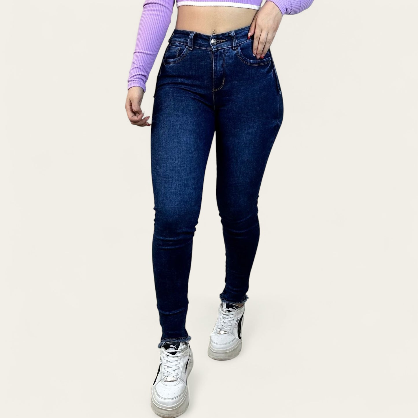 Jean skinny Mujer tiro alto tono oscuro