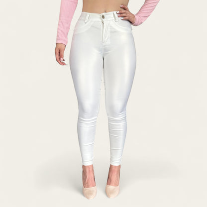 Pantalón skinny Mujer efecto cuero tiro alto tono blanco tornasol