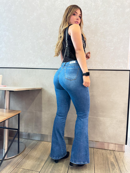 Jean Flare Mujer tiro alto levanta cola tono azul medio